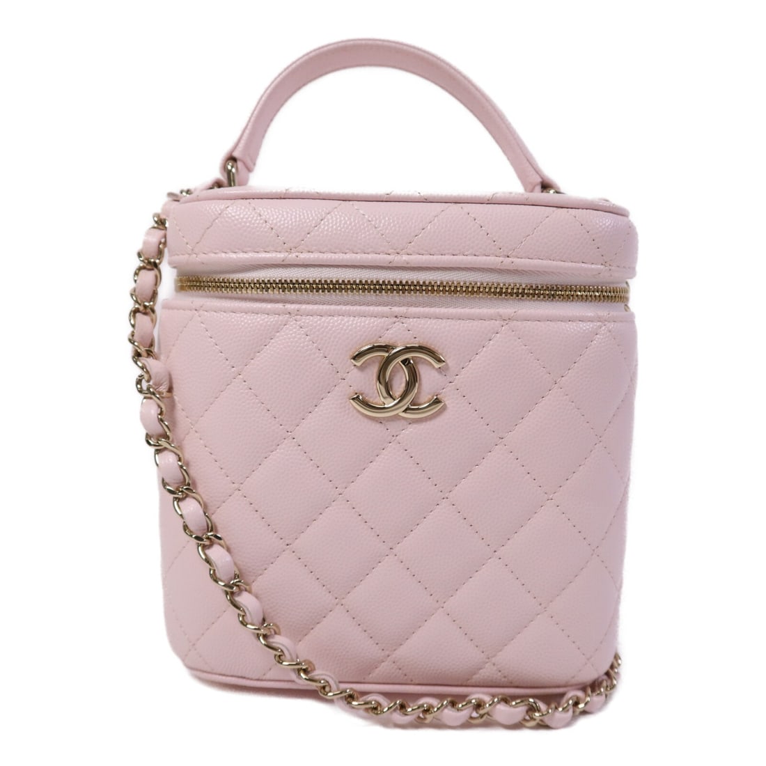Chanel Pink Calfskin CC Vanity Case with Gold Hardware Shoulder Bag AS2362: Chanel Pink Calfskin CC Vanity Case with Gold Hardware Shoulder Bag AS2362 This CHANEL CC Vanity Case is crafted from pink calfskin leather and features gold-tone hardware. Designed as a versatile 2-w