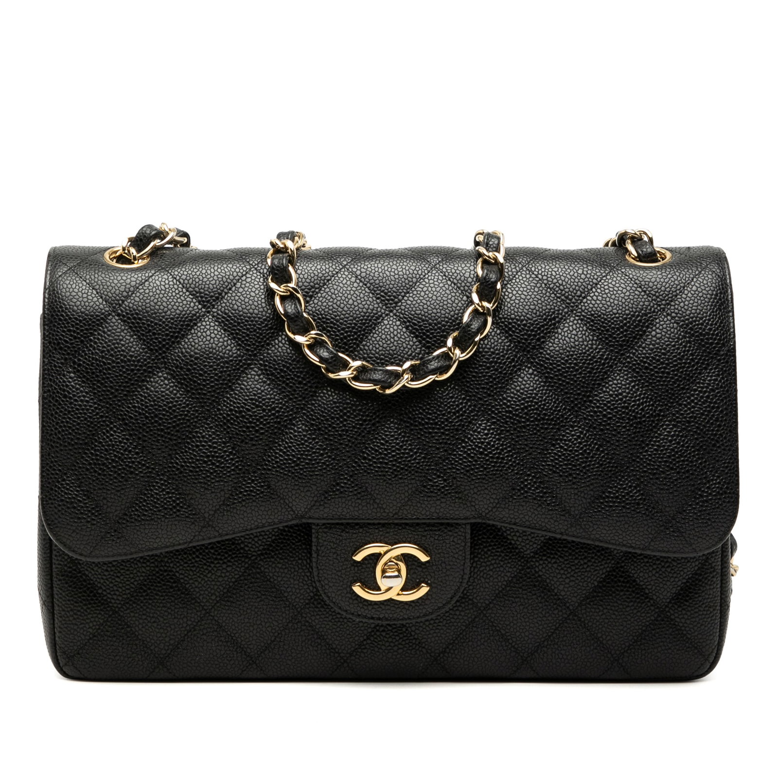 Chanel Jumbo Caviar Double Flap Shoulder Bag: Chanel Jumbo Caviar Double Flap Shoulder Bag This Chanel Jumbo Classic Caviar Double Flap shoulder bag features a quilted caviar leather exterior in black with leather-woven chain straps and a double 