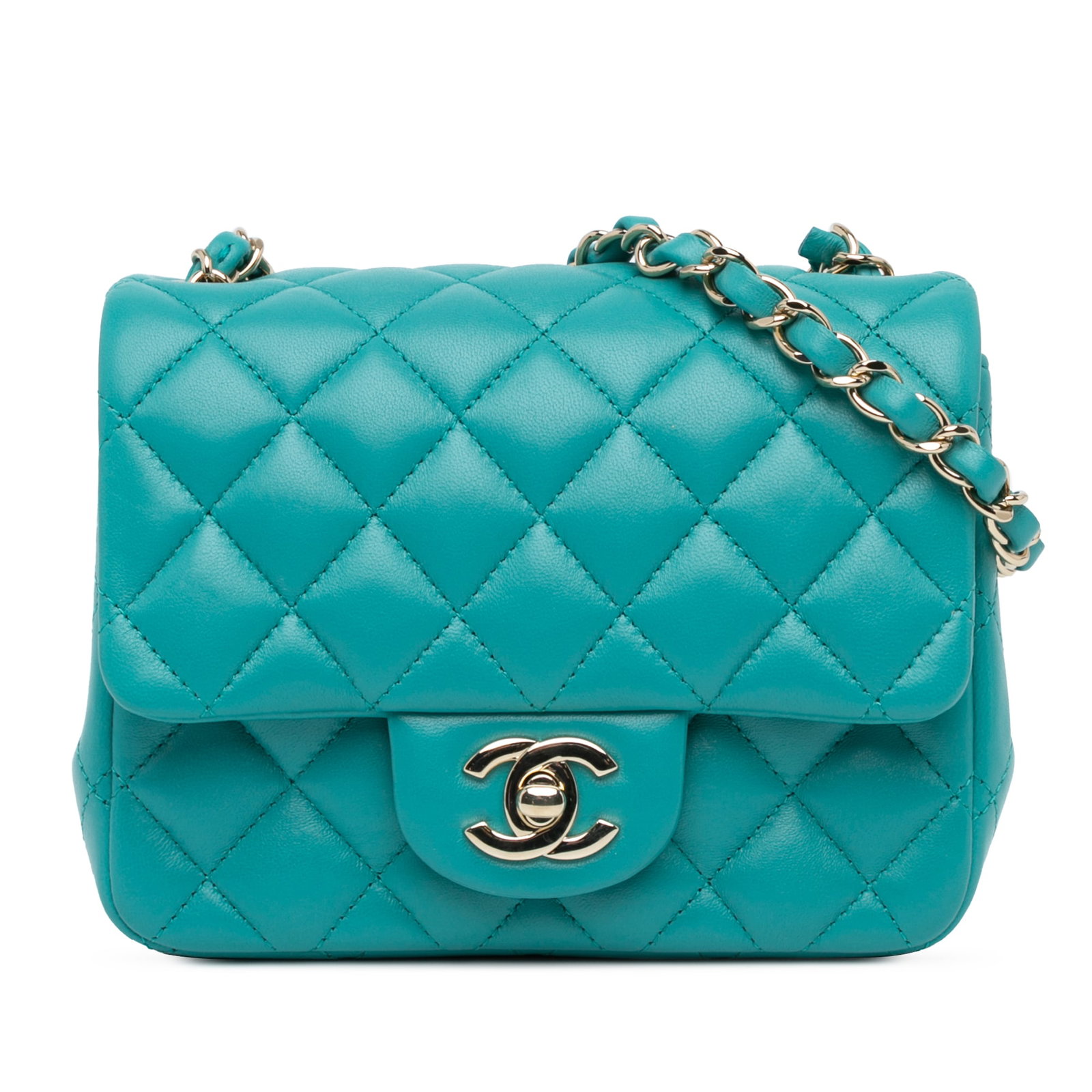 Chanel Blue Lambskin Quilted Mini Square Shoulder Bag with Chain Strap: Chanel Blue Lambskin Quilted Mini Square Shoulder Bag with Chain Strap This Chanel Mini Square Classic Single Flap bag features a quilted lambskin leather exterior in blue, complemented by a leather-w