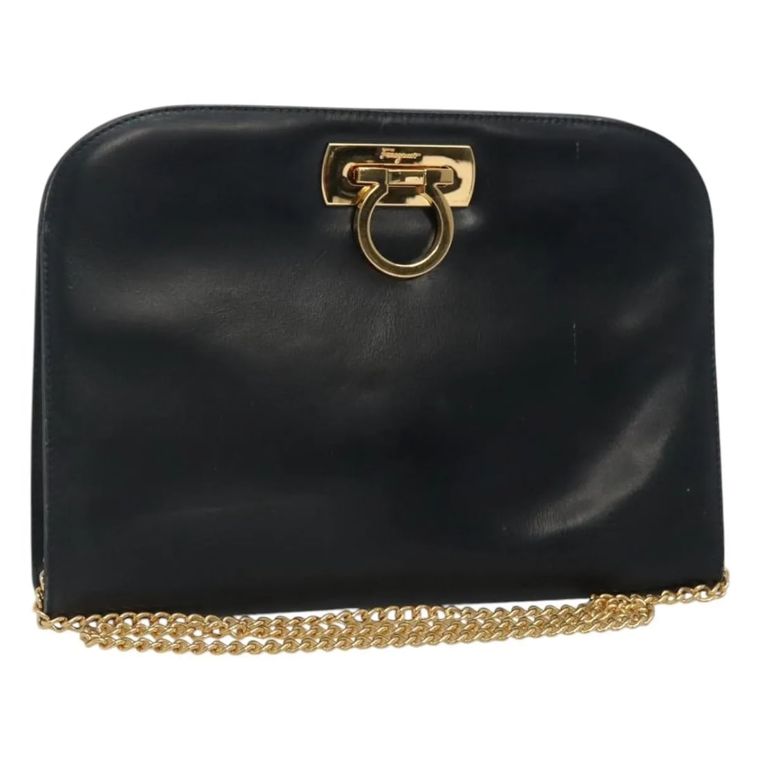 Salvatore Ferragamo Vintage Gancini Chain Navy Leather Handbag: Salvatore Ferragamo Vintage Gancini Chain Navy Leather Handbag Vintage Salvatore Ferragamo Gancini Chain leather bag in navy. This women's bag is presented in fair, usable vintage condition with visib