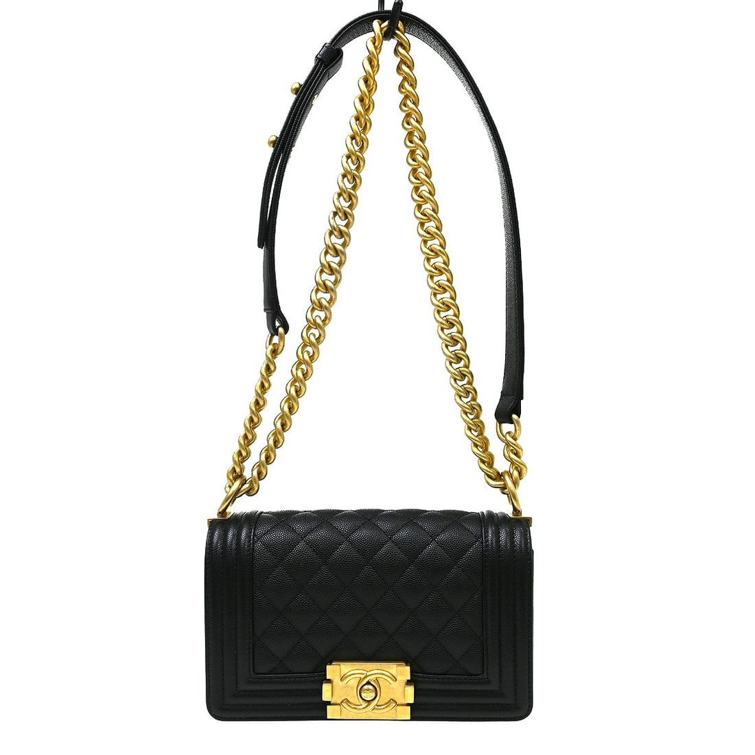 CHANEL Boy Chanel Mini Black Caviar Leather Shoulder Bag: CHANEL Boy Chanel Mini Black Caviar Leather Shoulder Bag Boy Chanel small chain shoulder bag in black caviar skin leather with a clasp flap closure, chain shoulder strap, fabric lining, and one interi