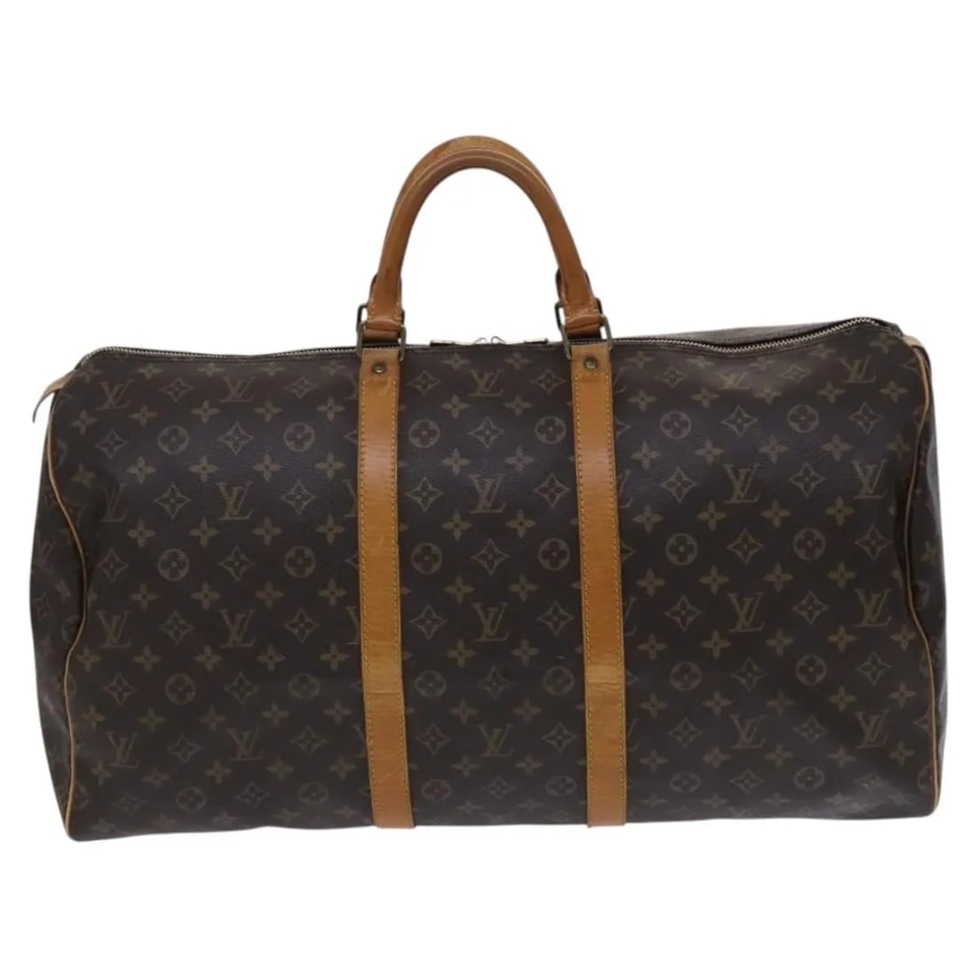 Louis Vuitton Monogram Canvas Keepall Travel Bag Brown Unisex 55cm: Louis Vuitton Monogram Canvas Keepall Travel Bag Brown Unisex 55cm This is a Louis Vuitton Keepall Bag crafted from monogram canvas in brown. Designed for unisex use, it features leather trim and meta