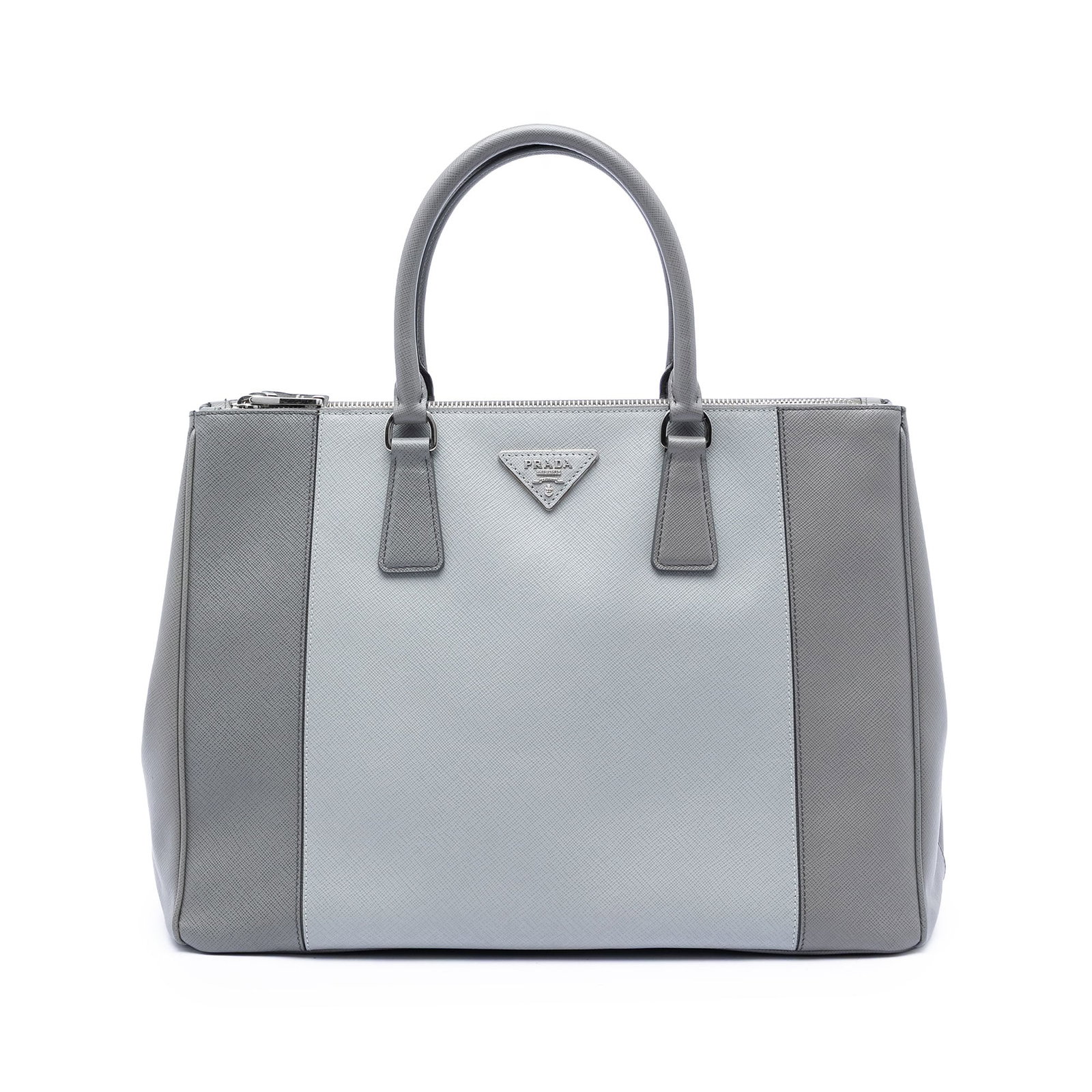 Prada Galleria Large Bicolor Saffiano Leather Satchel Gray: Prada Galleria Large Bicolor Saffiano Leather Satchel Gray This Prada Galleria satchel is crafted in gray saffiano leather with a structured bicolor design. It features rolled leather handles, an open