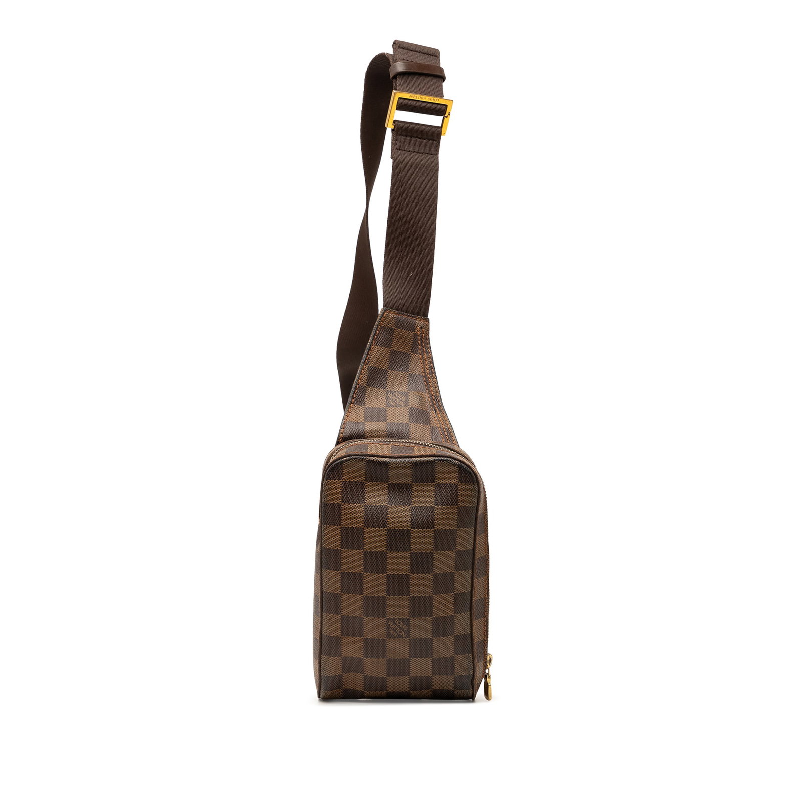 Louis Vuitton Damier Ebene crossbody pouch Geronimos: Louis Vuitton Damier Ebene crossbody pouch Geronimos This Louis Vuitton Damier Ebene Geronimos features the iconic damier ebene canvas with a brown colorway. The design includes an adjustable flat str