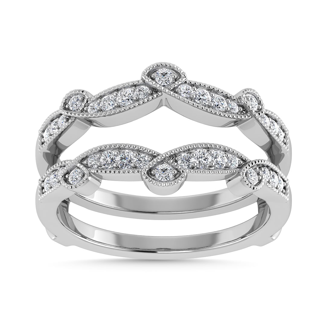 Diamond 1/4 Ct.Tw. Guard Ring in 14K White Gold: Diamond 1/4 Ct.Tw. Guard Ring in 14K White Gold 14k White Gold Stone Color: G-h Stone Clarity: Si2 Each ring is presented in standard size 6.5. Complimentary resizing is available between sizes 510 (i