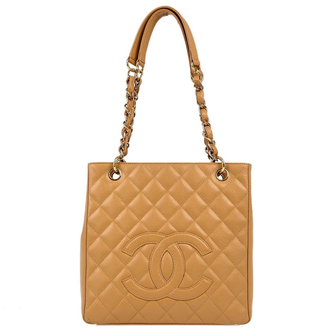 CHANEL Petite Shopping Tote beige caviar leather quilted chain bag: CHANEL Petite Shopping Tote beige caviar leather quilted chain bag Chanel Petite Shopping Tote PST chain handbag in beige caviar skin leather with a quilted exterior and canvas lining. This medium tot