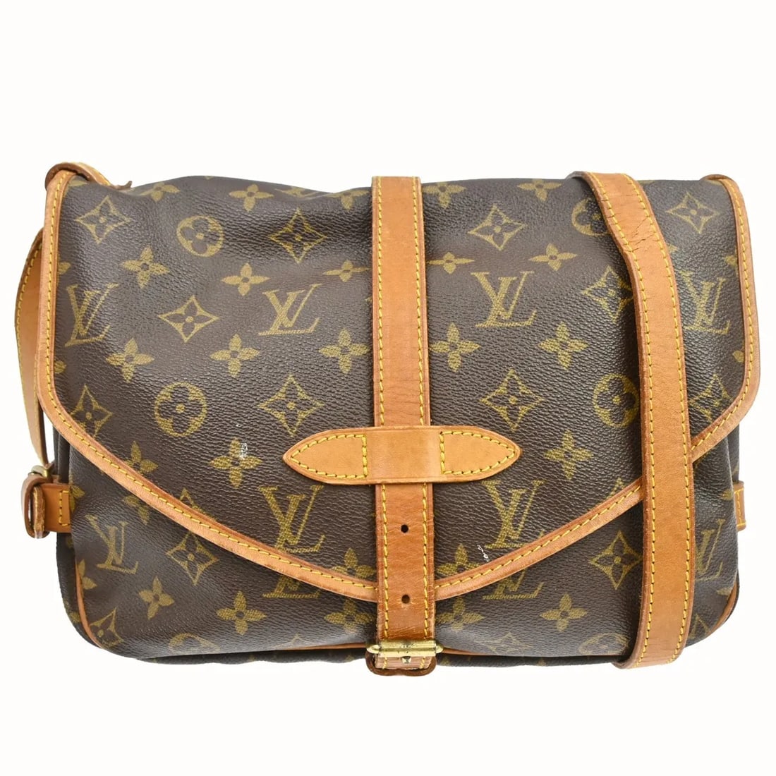 Louis Vuitton Saumur Unisex Brown Monogram Canvas Shoulder Bag: Louis Vuitton Saumur Unisex Brown Monogram Canvas Shoulder Bag This Louis Vuitton Saumur Handbag features the iconic monogram canvas in brown. Designed for unisex use, it offers a spacious interior an