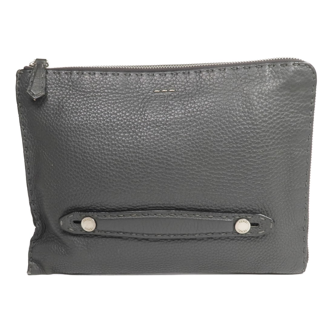 Fendi Selleria Gray Calfskin Clutch Bag SHW 7M0225-07N: Fendi Selleria Gray Calfskin Clutch Bag SHW 7M0225-07N This FENDI Selleria clutch bag is crafted from gray calfskin leather, offering a sleek and timeless accessory for any occasion. Designed for wome