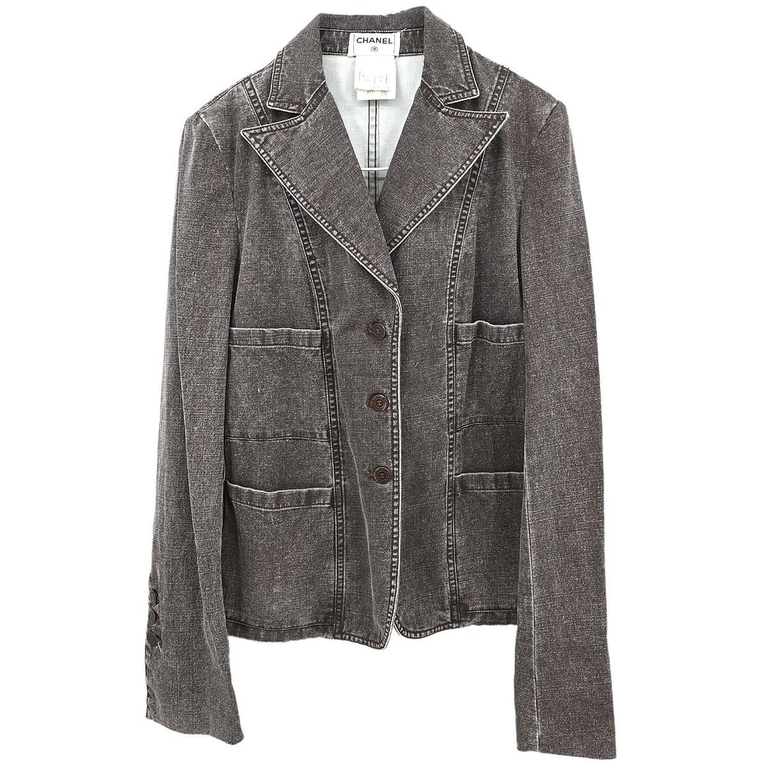 Chanel 02P Brown Collarless Denim Jacket Womens Size 38 (1 of 15)