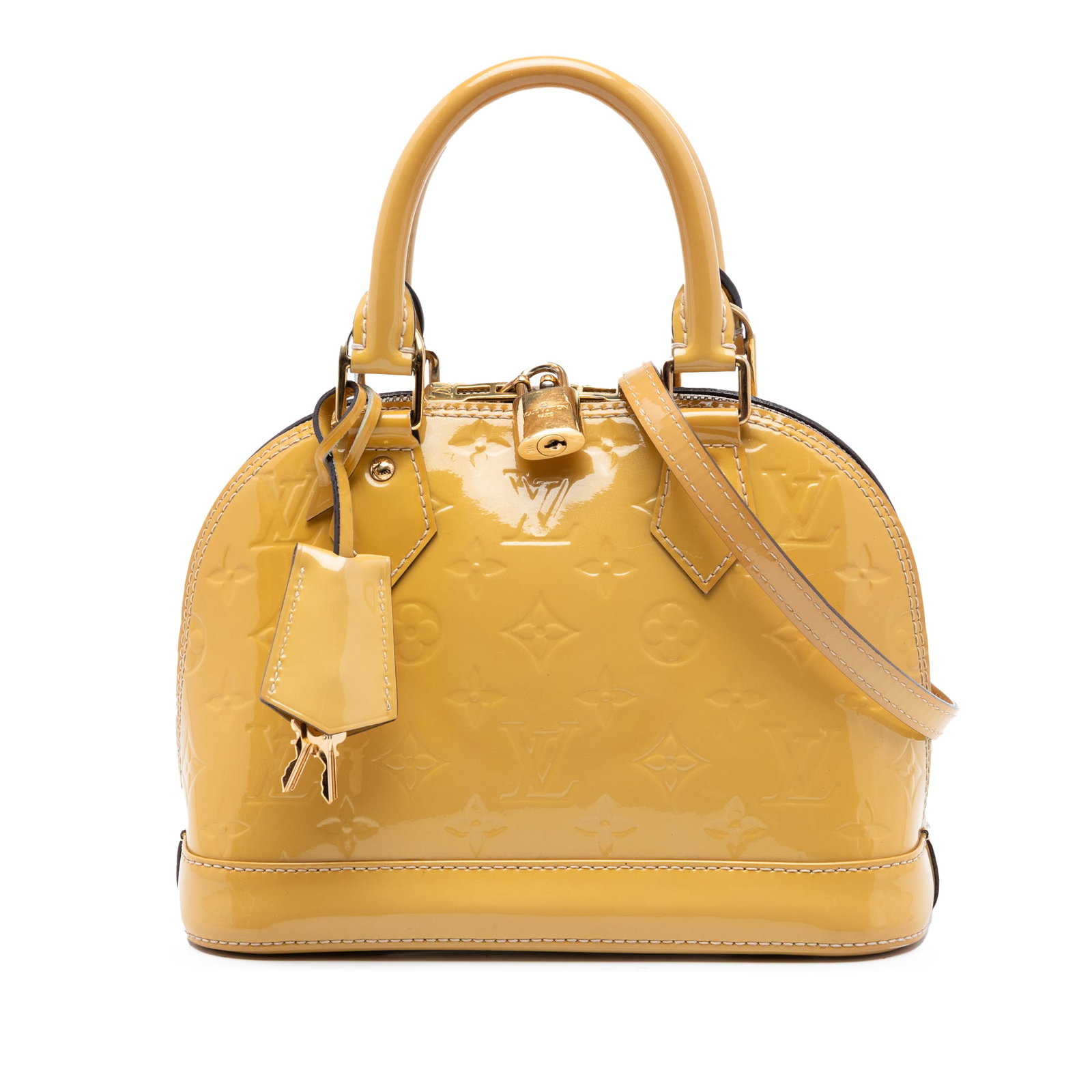 Louis Vuitton Alma BB Yellow Vernis Leather Bag: Louis Vuitton Alma BB Yellow Vernis Leather Bag This Louis Vuitton Monogram Vernis Alma BB is crafted from glossy vernis leather in a striking yellow hue. It features rolled leather handles, a detacha