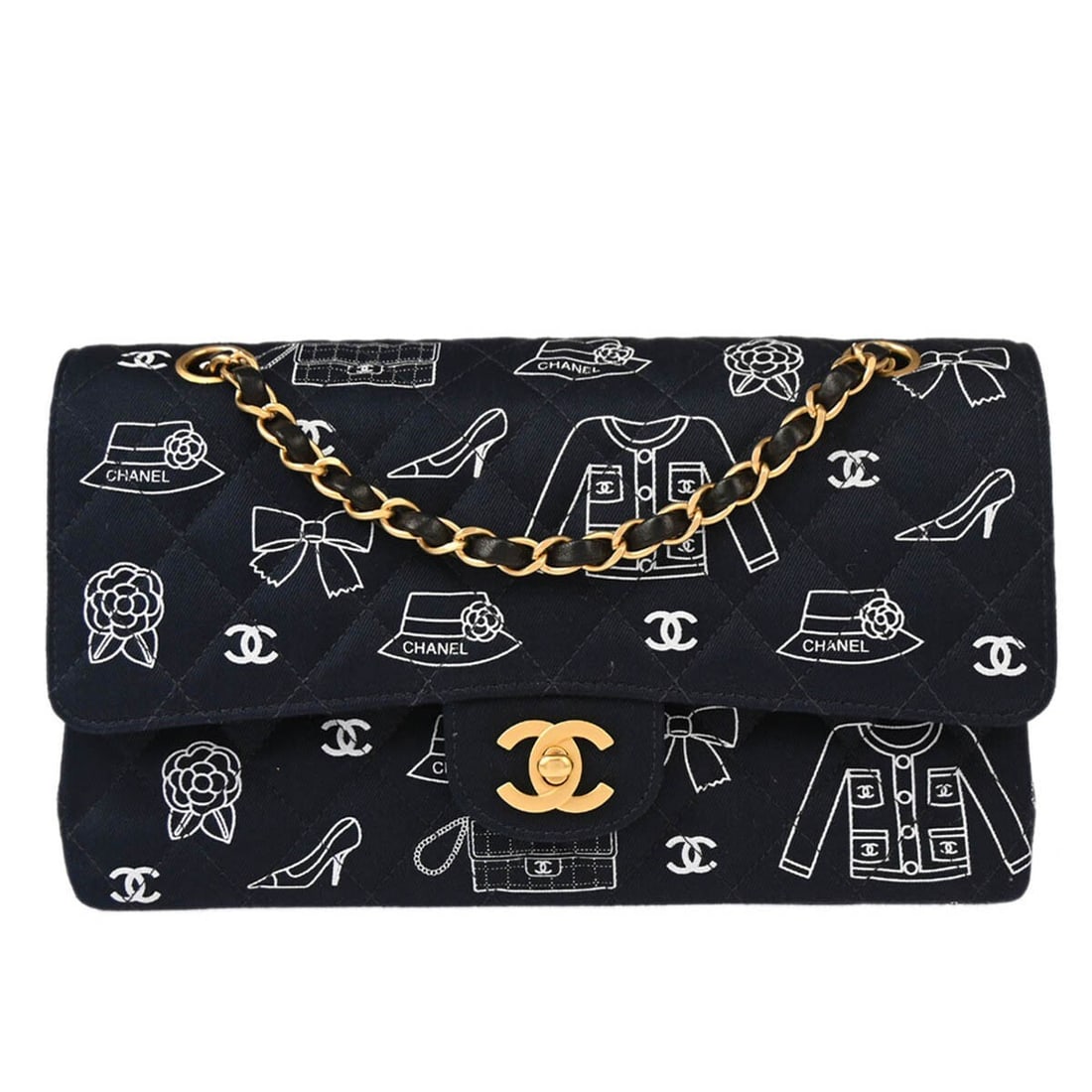 CHANEL Classic Double Flap Medium Shoulder Bag Navy Canvas: CHANEL Classic Double Flap Medium Shoulder Bag Navy Canvas Chanel Classic Double Flap shoulder bag in navy canvas with a turn-lock closure and leather lining. This medium bag features a shoulder strap