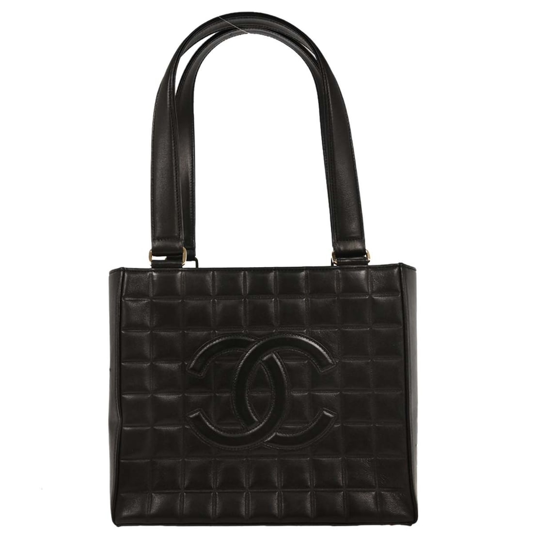 CHANEL Choco Bar quilted black lambskin tote bag: CHANEL Choco Bar quilted black lambskin tote bag Black lambskin Chanel Choco Bar tote shoulder bag with a quilted design, zip closure, and shoulder strap. The bag features interior and exterior pocket