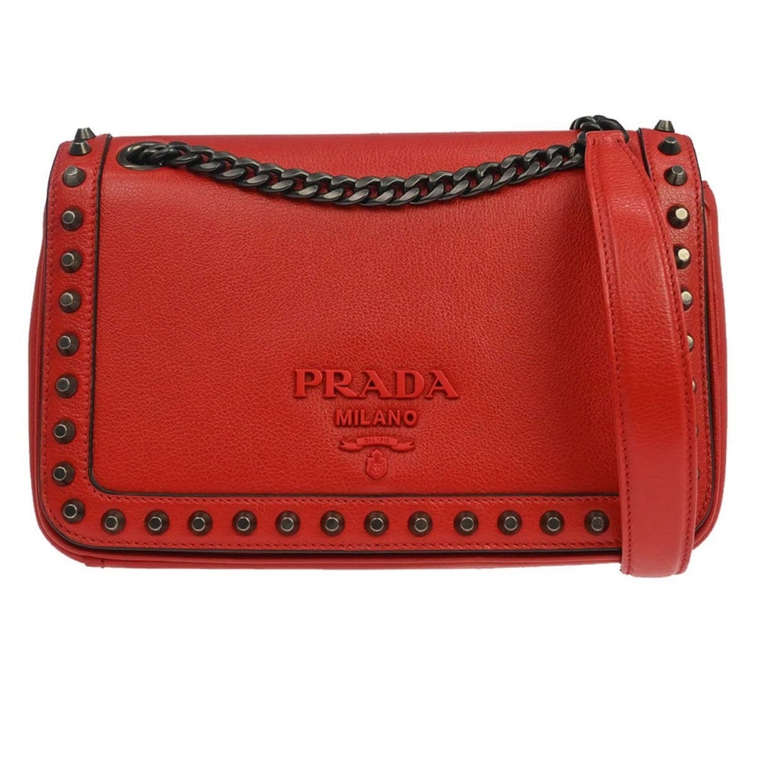 PRADA Chain Shoulder Bag Red Leather with Dust Bag Card: PRADA Chain Shoulder Bag Red Leather with Dust Bag Card Prada chain shoulder bag in red leather with logo accent and a medium-size silhouette. Made in Italy, this women's shoulder bag features an inte