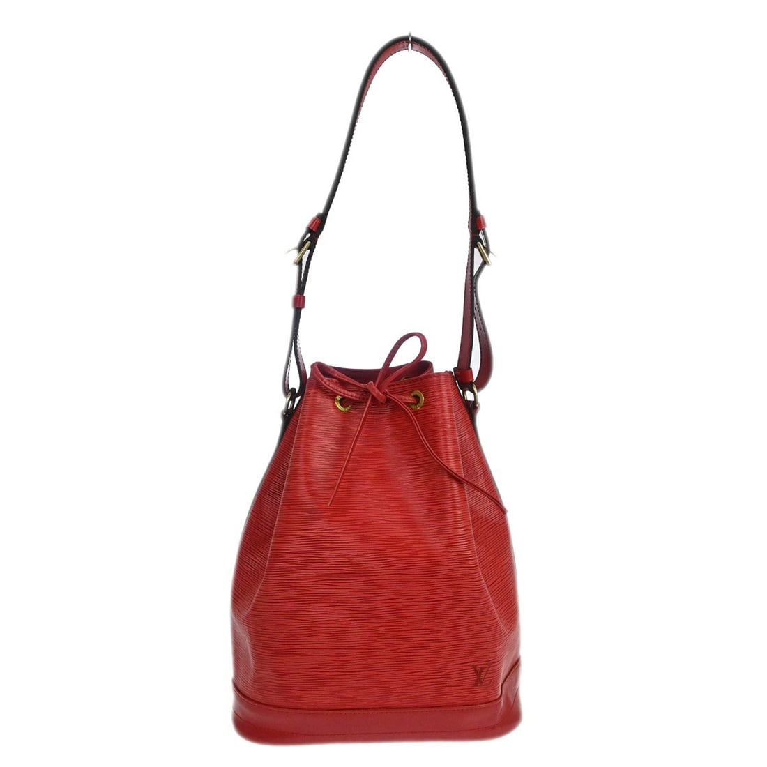 Louis Vuitton Noe Red Epi Leather Shoulder Bag M44007: Louis Vuitton Noe Red Epi Leather Shoulder Bag M44007 Vintage Louis Vuitton Noe shoulder bag in red Epi leather with a drawstring closure and adjustable shoulder strap. The bag features a black Alcant
