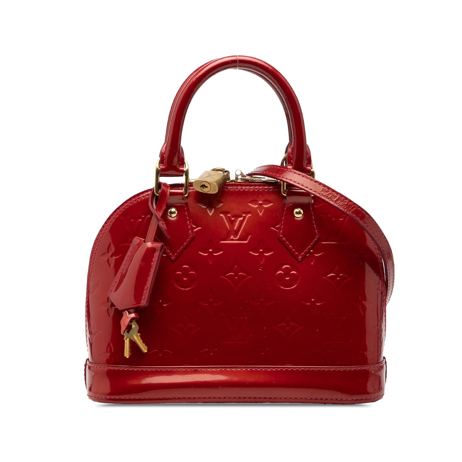 Louis Vuitton Alma BB Vernis Red Leather Bag: Louis Vuitton Alma BB Vernis Red Leather Bag This Louis Vuitton Monogram Vernis Alma BB is crafted from monogram vernis leather in a vibrant red hue. It features rolled leather handles, a detachable l