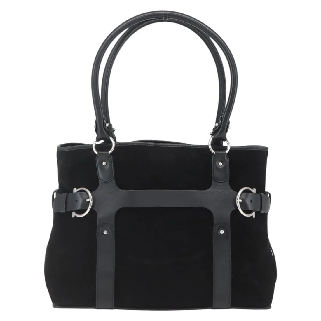 Black suede handbag Salvatore Ferragamo Gancini Italy: Black suede handbag Salvatore Ferragamo Gancini Italy This Salvatore Ferragamo Gancini handbag features a black suede exterior with leather trim and metal fittings. Designed for women, it offers ample