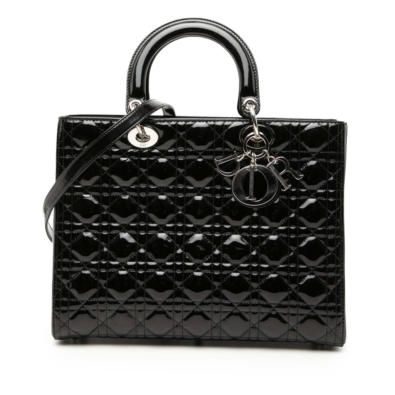 Dior Lady Dior black patent quilted tote with strap: Dior Lady Dior black patent quilted tote with strap This Large Patent Cannage Lady Dior bag showcases Dior's signature quilted patent leather in black. It features flat leather top handles, a detachab