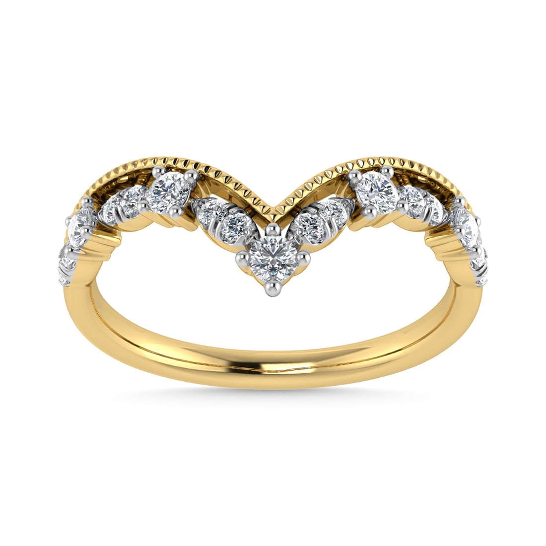 Diamond 1/5 Ct.Tw. Chevron Band in 10K Yellow Gold: Diamond 1/5 Ct.Tw. Chevron Band in 10K Yellow Gold 10k Yellow Gold Stone Color: G-h Stone Clarity: I1 Each ring is presented in standard size 6.5. Complimentary resizing is available between sizes 510