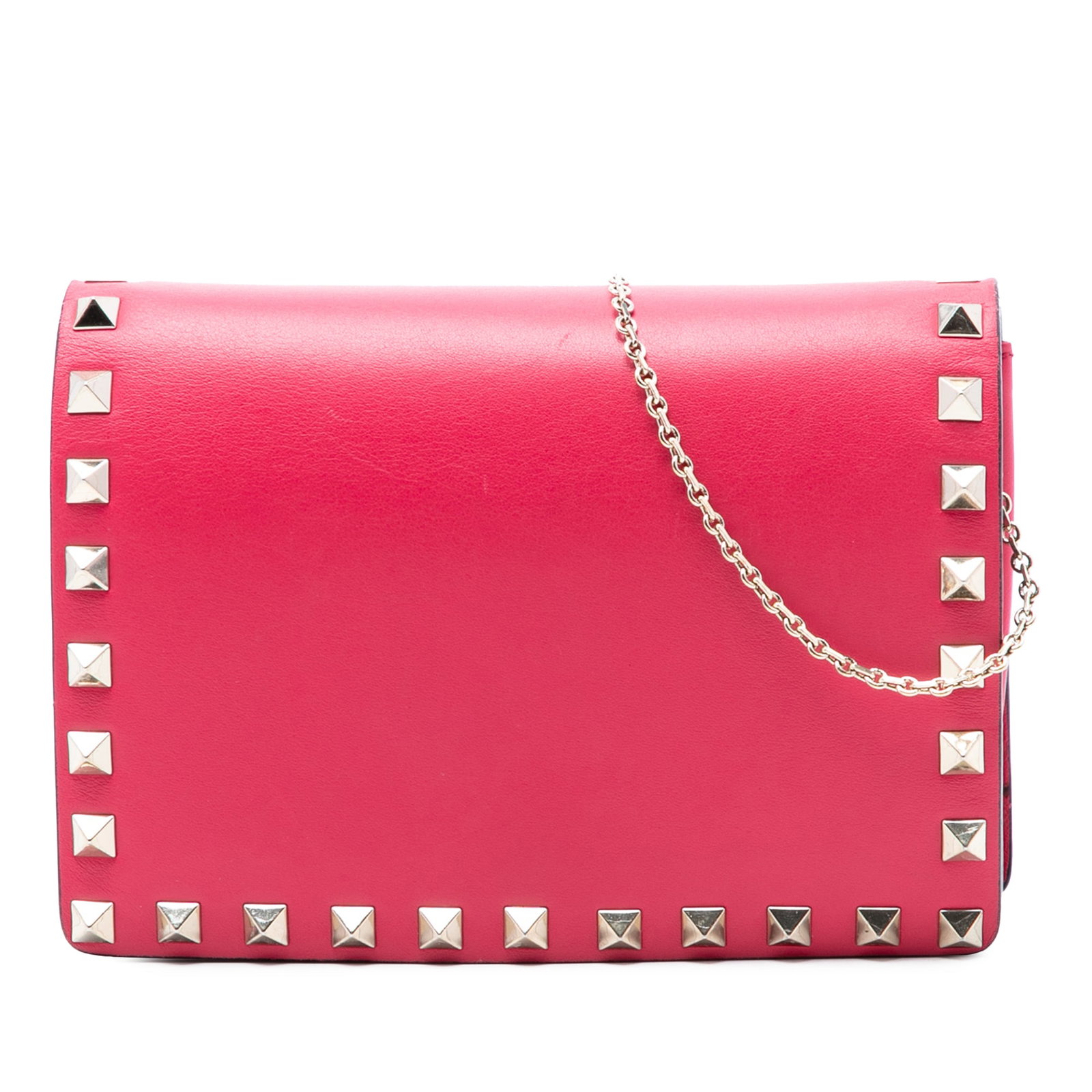 Valentino Rockstud leather crossbody pouch with chain strap: Valentino Rockstud leather crossbody pouch with chain strap This Valentino Leather Rockstud Chain Pouch is crafted from pink leather and features signature studded detailing. The bag is designed with 