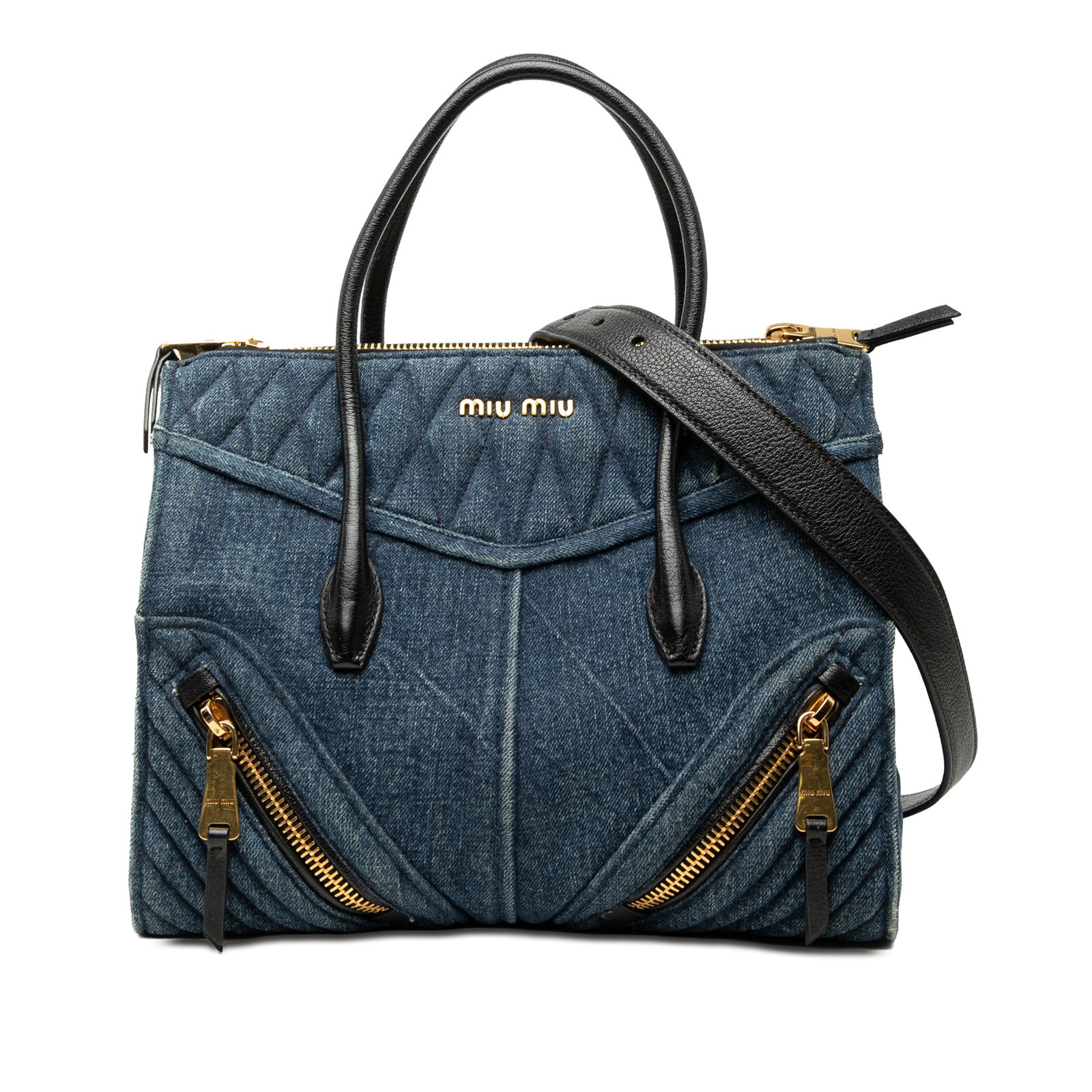 Miu Miu Matelasse Biker Satchel Blue Quilted Denim: Miu Miu Matelasse Biker Satchel Blue Quilted Denim This Miu Miu Matelasse Denim Biker Tote is crafted with a quilted denim body and leather trim. It features rolled leather handles, a detachable leath