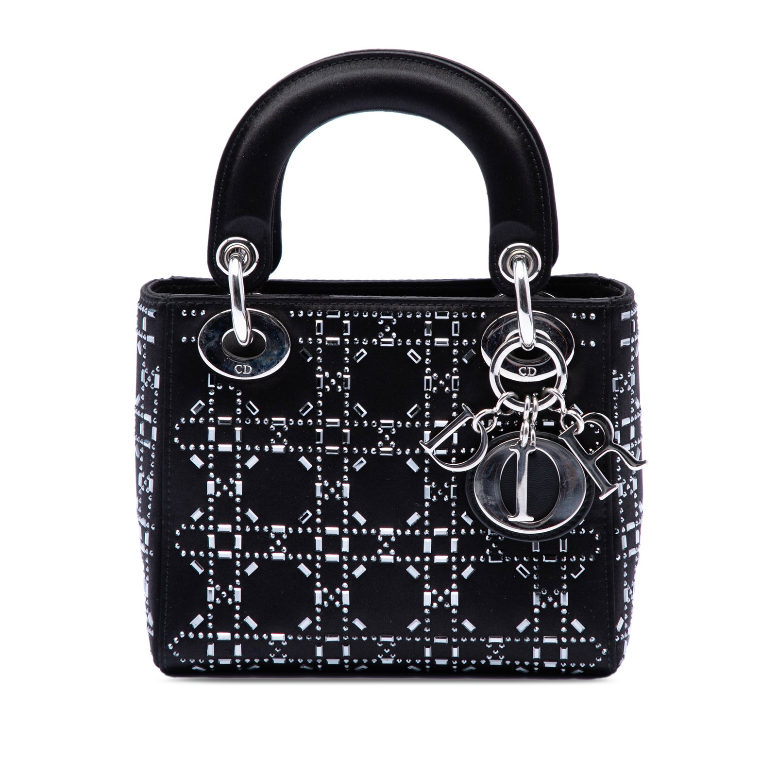 Dior Lady Dior Mini Black Satin Crystal Bag: Dior Lady Dior Mini Black Satin Crystal Bag This Dior Mini Velvet Cannage Strass Embellished Lady Dior bag features a black satin body adorned with crystal embellishments, flat satin handles, a fold-i