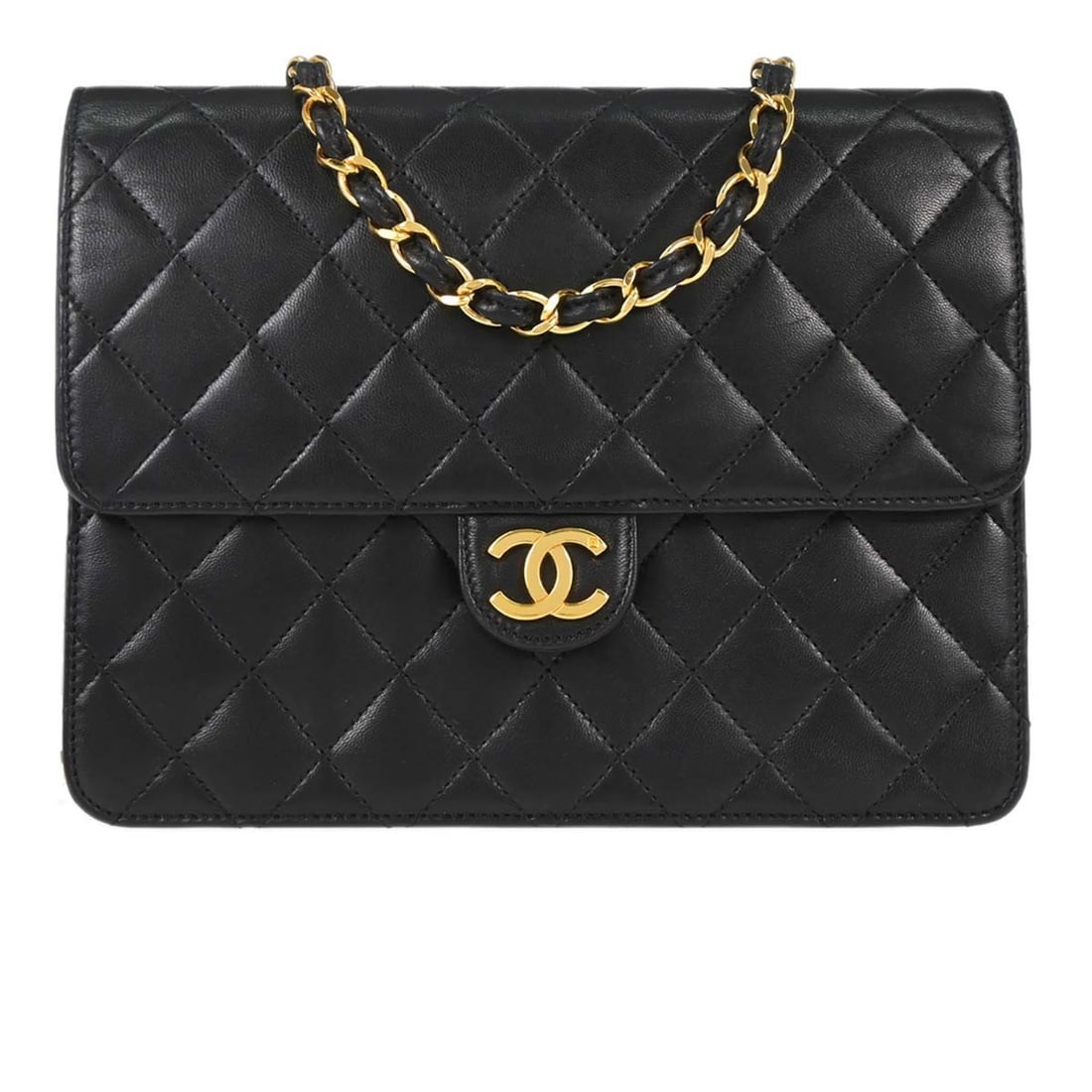 CHANEL Classic Single Flap Small Black Lambskin Shoulder Bag: CHANEL Classic Single Flap Small Black Lambskin Shoulder Bag Chanel Classic Single Flap shoulder bag in black lambskin with a turn lock closure and shoulder strap. This small half flap bag is made in 