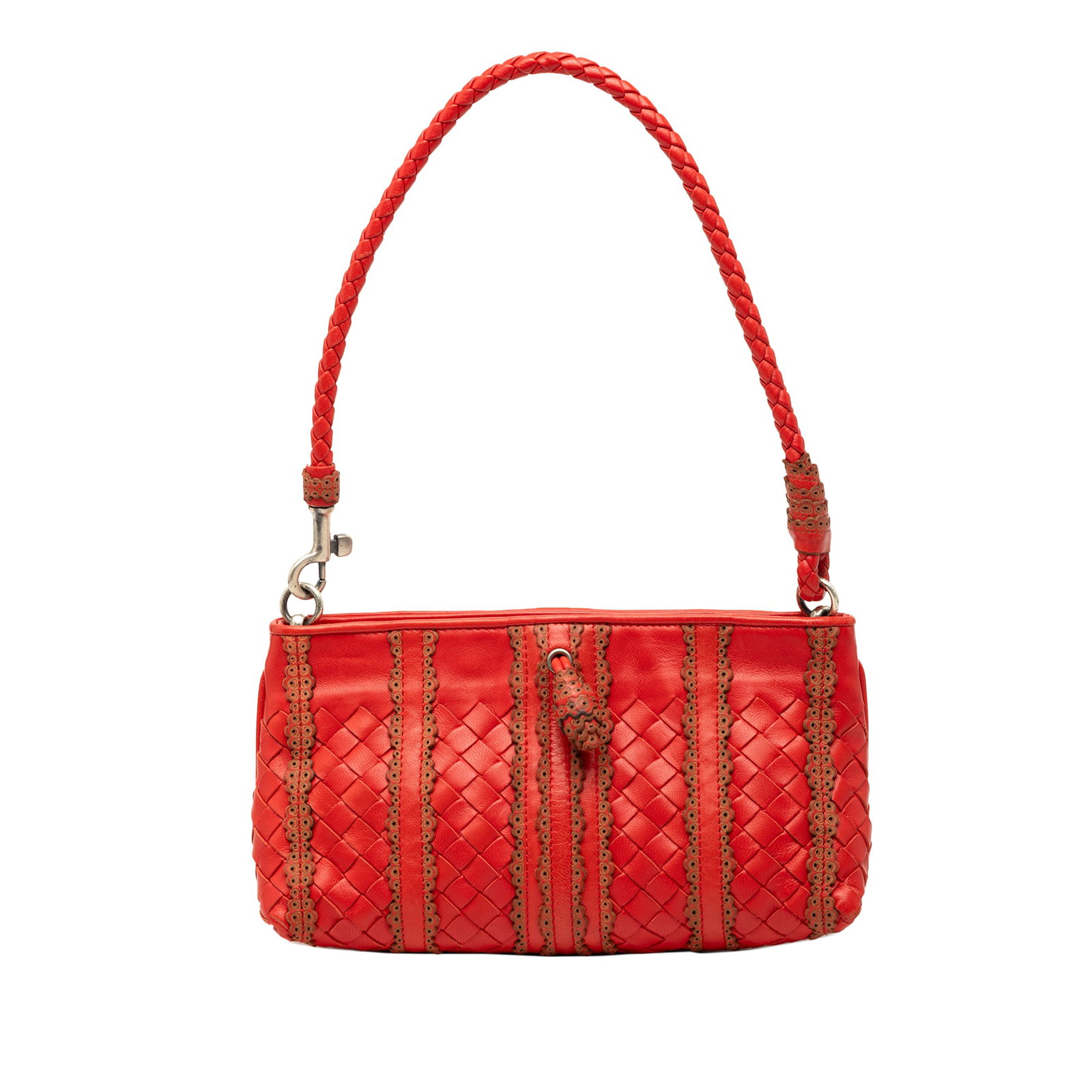 Bottega Veneta Red Leather Intrecciato Stripe Woven Shoulder Bag: Bottega Veneta Red Leather Intrecciato Stripe Woven Shoulder Bag This Bottega Veneta shoulder bag features a distinctive woven leather body in red, complemented by a braided rolled strap and an open t
