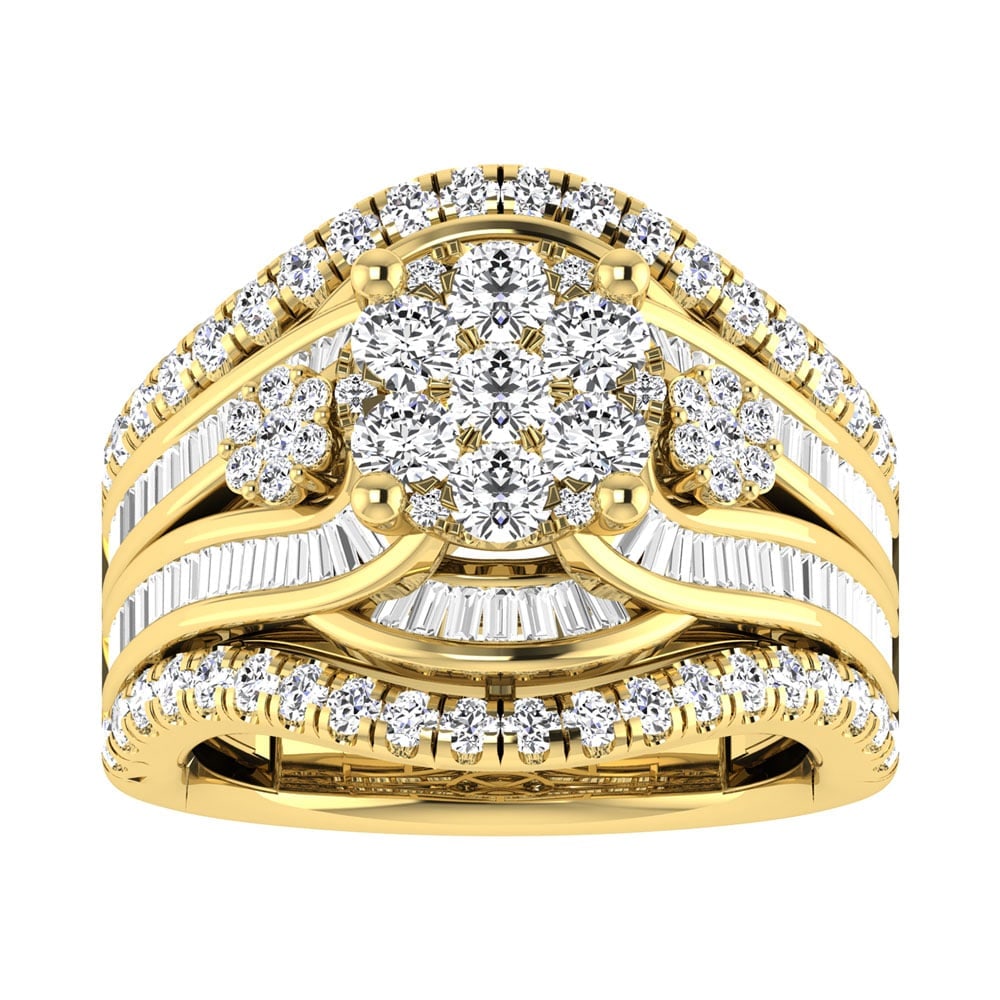 Diamond 2 Ct.Tw. Cluster Engagement Ring in 14K Yellow Gold: Diamond 2 Ct.Tw. Cluster Engagement Ring in 14K Yellow Gold 14k Yellow Gold Stone Color: G-h Stone Clarity: I2 Each ring is presented in standard size 6.5. Complimentary resizing is available between 