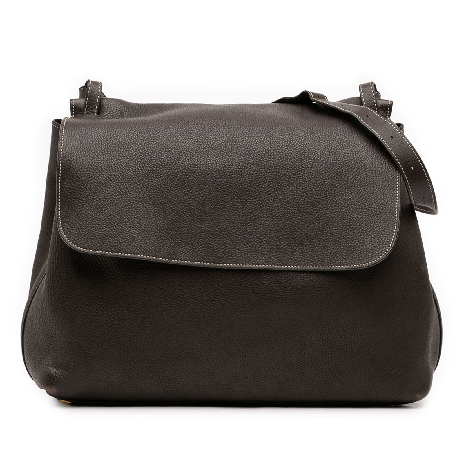 Brown Leather Flap Shoulder Bag The Row: Brown Leather Flap Shoulder Bag The Row Leather shoulder bag in brown with an adjustable flat leather strap, front flap closure, exterior back slip pocket, and interior zip pocket. Made in Italy. Cond