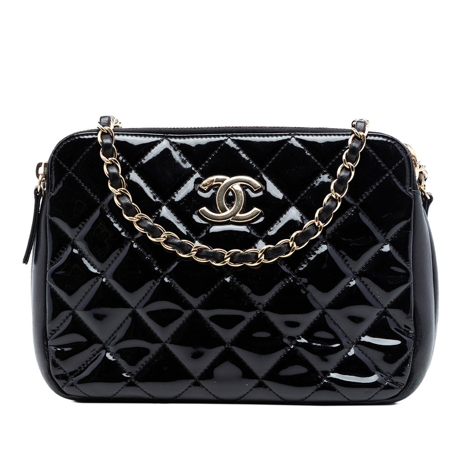 Chanel quilted patent leather camera bag CC double zip black (1 of 7)