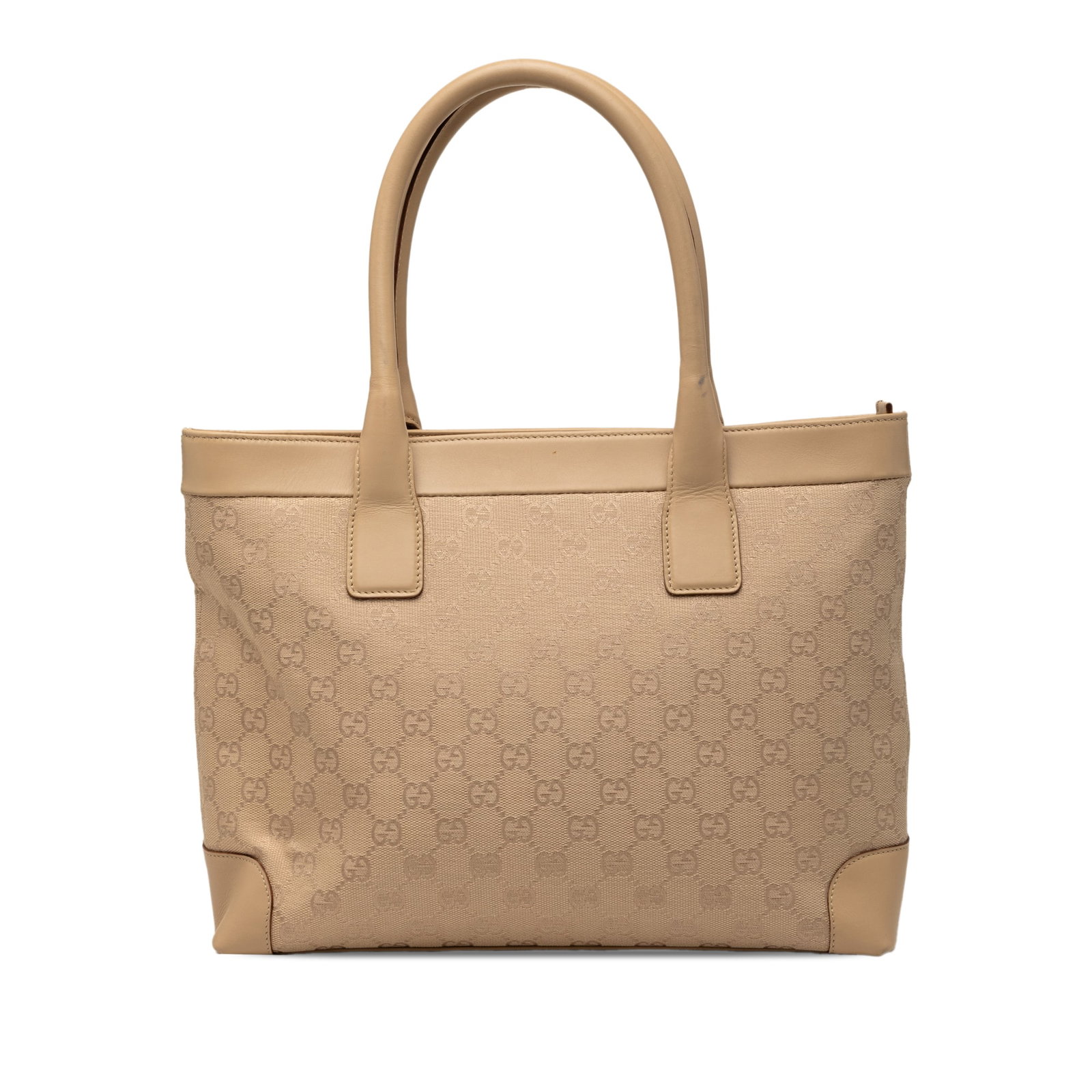 Gucci GG Canvas Tote Bag Beige Leather Trim Zip Top: Gucci GG Canvas Tote Bag Beige Leather Trim Zip Top Gucci GG Canvas Tote in beige fabric with leather trim and rolled leather handles. The bag features a top zip closure and an interior zip pocket. Co