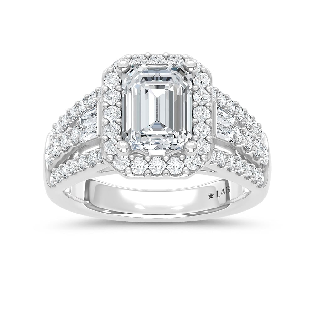 14K White Gold Lab Grown Diamond 3 Ct.Tw. Engagement Ring (Center 2ct Emerald): 14K White Gold Lab Grown Diamond 3 Ct.Tw. Engagement Ring (Center 2ct Emerald) 14k White Gold Stone Color: D-f Stone Clarity: Vs Each ring is presented in standard size 6.5. Complimentary resizing is 