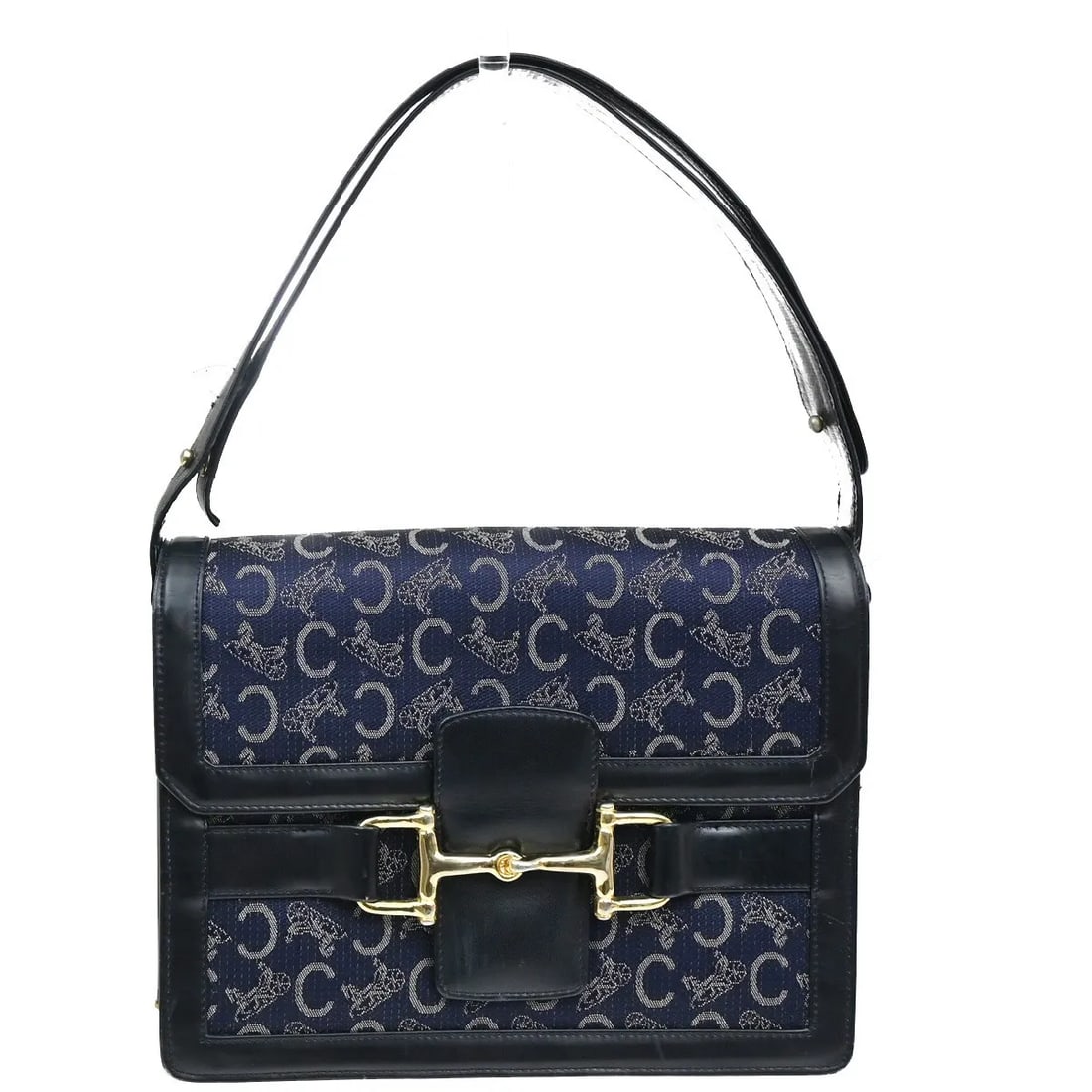 Celine Horse Carriage Shoulder Bag Navy Canvas Leather Italy: Celine Horse Carriage Shoulder Bag Navy Canvas Leather Italy The Celine Horse Carriage Shoulder Bag features a navy canvas body with leather accents and is designed for women. This pre-owned bag shows