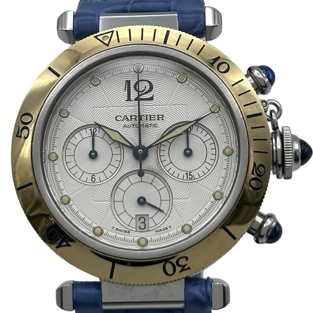 Cartier Pasha 38mm White Gold Steel Chronograph Wristwatch: Cartier Pasha 38mm White Gold Steel Chronograph Wristwatch This Cartier Pasha Chronograph wristwatch features a 38mm case crafted from white gold and stainless steel. Designed for men, this Swiss-made