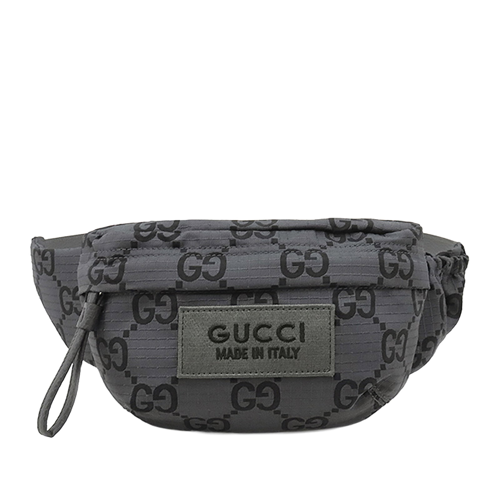 Gucci GG Ripstop Nylon Waist Bag Gray Leather Strap: Gucci GG Ripstop Nylon Waist Bag Gray Leather Strap Gucci GG Nylon Ripstop Belt Bag in gray with a nylon body and an adjustable leather waist strap. The design includes a front zip closure and an exte