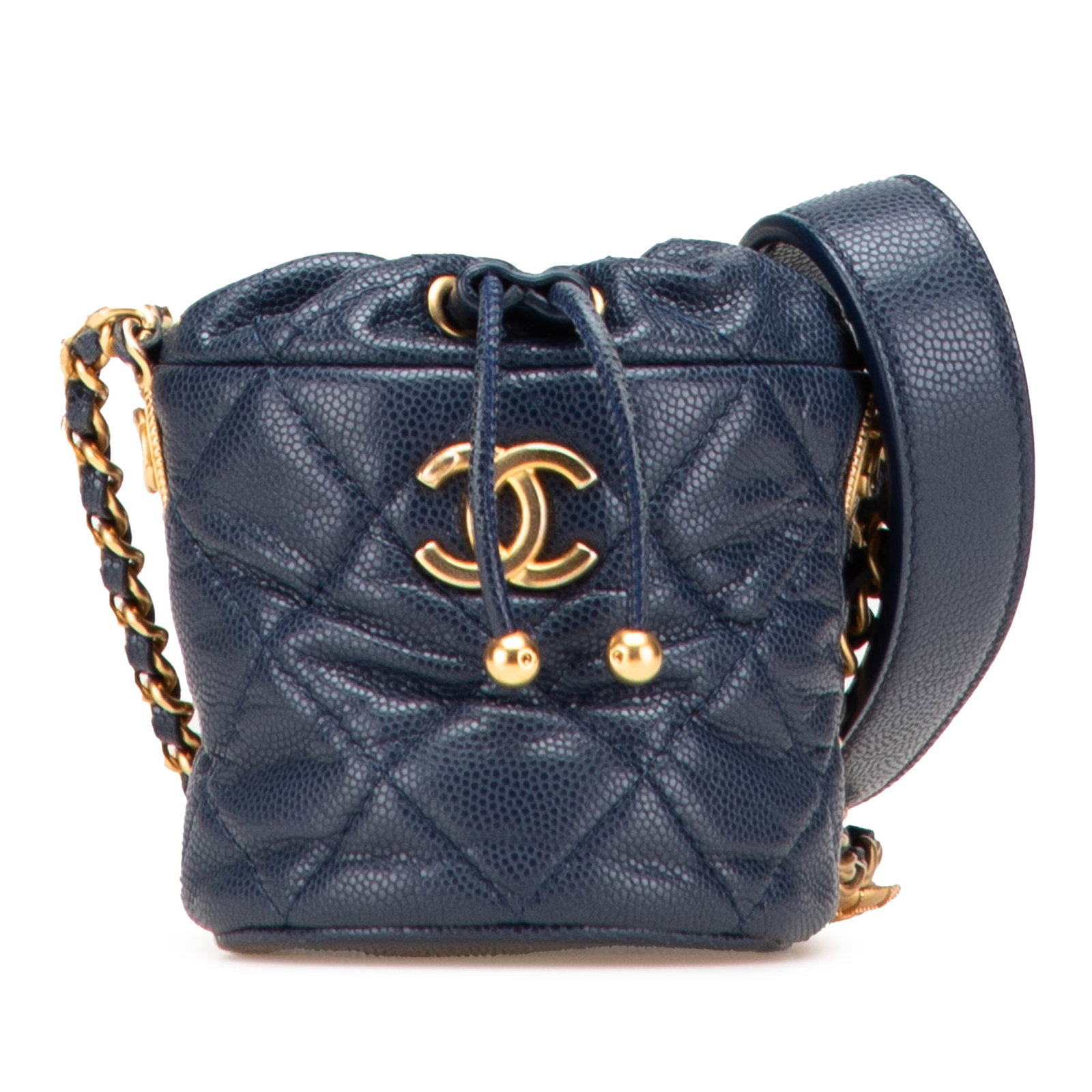 Chanel Mini Quilted Caviar Drawstring Bucket Bag with Medallion Charms: Chanel Mini Quilted Caviar Drawstring Bucket Bag with Medallion Charms This Chanel Mini Quilted Caviar Medallion Charms Drawstring Bucket Bag is a stylish accessory crafted from luxurious quilted cavi
