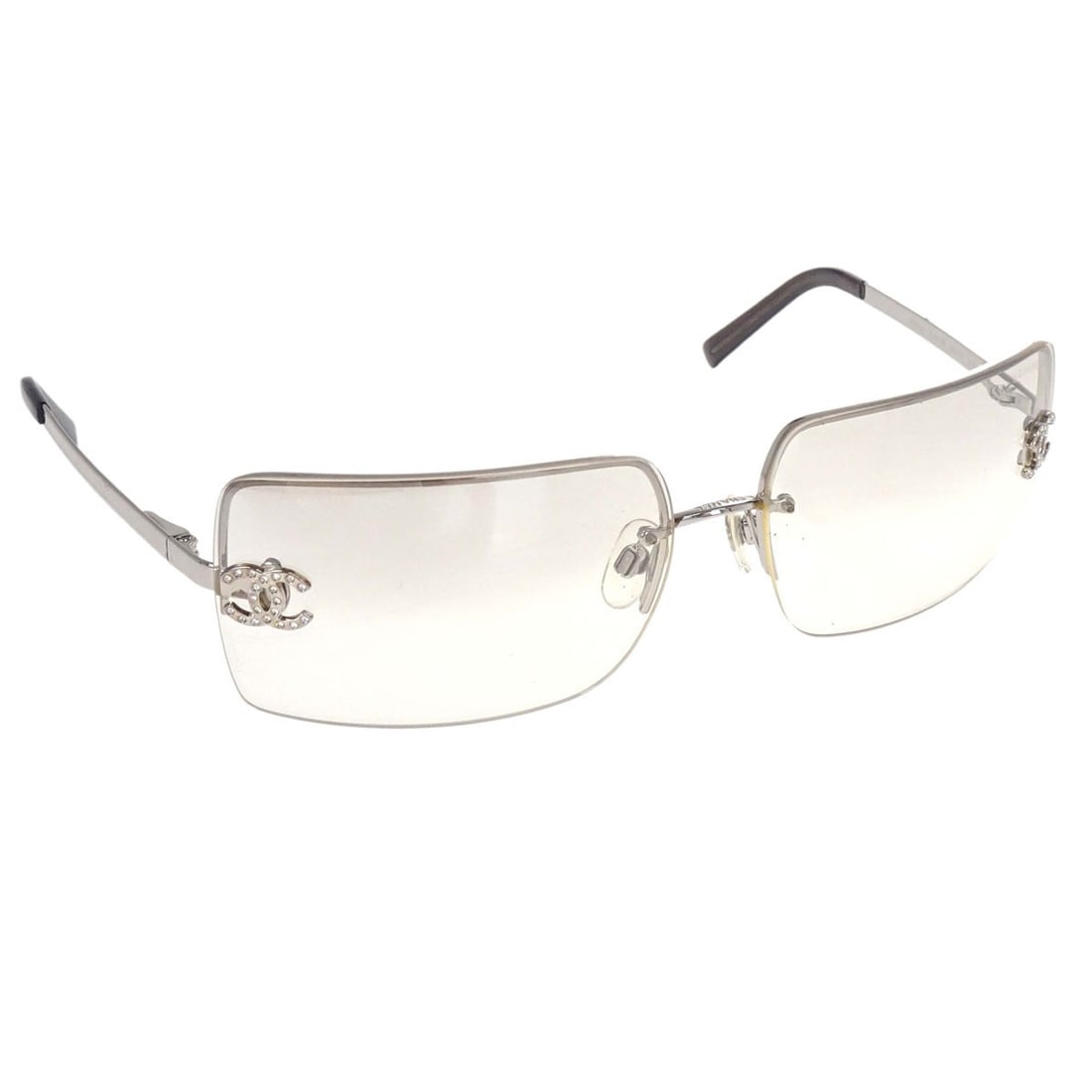 CHANEL CC Logos Women's Sunglasses Gray Brown Rhinestone Acrylic: CHANEL CC Logos Women's Sunglasses Gray Brown Rhinestone Acrylic Chanel women's sunglasses featuring the CC Logos model with a gray and silver design, brown acrylic lenses, and rhinestone accents. Mad