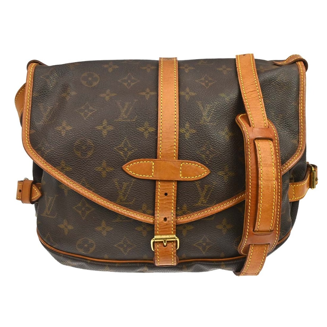 Louis Vuitton Saumur 30 Monogram Canvas Shoulder Bag M42256: Louis Vuitton Saumur 30 Monogram Canvas Shoulder Bag M42256 Vintage Louis Vuitton Saumur 30 messenger shoulder bag in brown Monogram canvas and leather. This medium bag features a buckle flap closure,