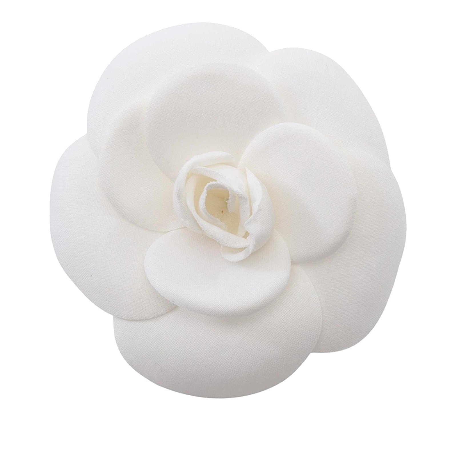 Chanel white fabric camellia pin brooch: Chanel white fabric camellia pin brooch This Chanel brooch features the iconic camellia motif crafted in white canvas fabric. The accessory is designed with a pin closure at the back for easy attachme