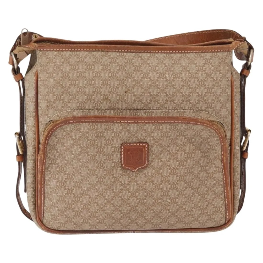 Celine Vintage Macadam Shoulder Bag Beige Canvas Leather: Celine Vintage Macadam Shoulder Bag Beige Canvas Leather This vintage Celine Macadam shoulder bag for women features a beige canvas body with leather accents. The bag shows signs of wear including sur