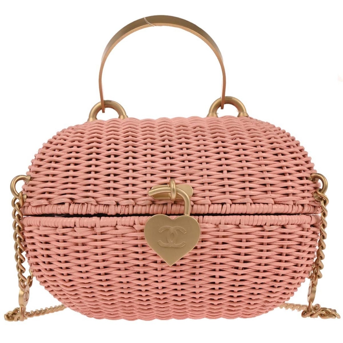 CHANEL small pink rattan 2way basket handbag with heart lock: CHANEL small pink rattan 2way basket handbag with heart lock Small Chanel 2-way basket handbag in pink rattan with a heart lock design. This women's bag features logo accents, a beige lining, and gold