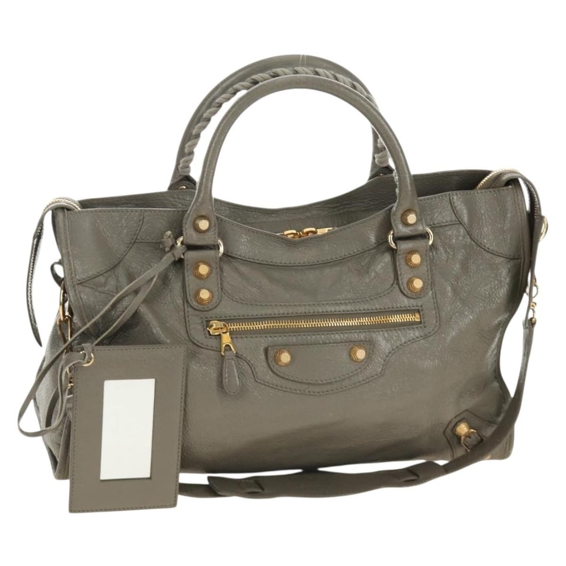 BALENCIAGA 281770 Giant City Leather 2way Handbag Gray Gold: BALENCIAGA 281770 Giant City Leather 2way Handbag Gray Gold Balenciaga The Giant City 2-way handbag in gray leather with gold-tone accents. Made in Italy, this women's handbag includes a dust bag, sho
