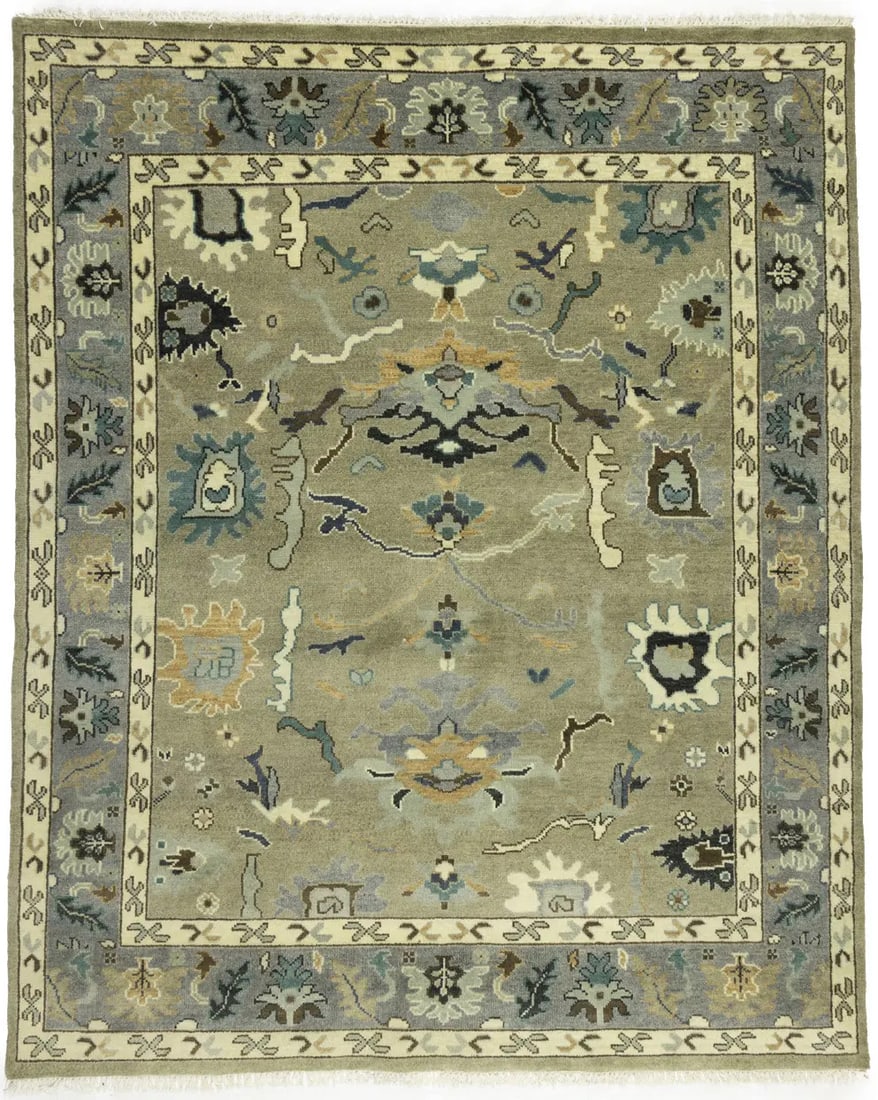 Hand-Knotted Wool Area Rug Floral Pattern 8'1 x 9'11 Rectangle: Hand-Knotted Wool Area Rug Floral Pattern 8'1 x 9'11 Rectangle This handmade Oushak Chobi area rug features a khaki floral pattern with muted tones of cream, beige, and brown. Hand-knotted from wool, 
