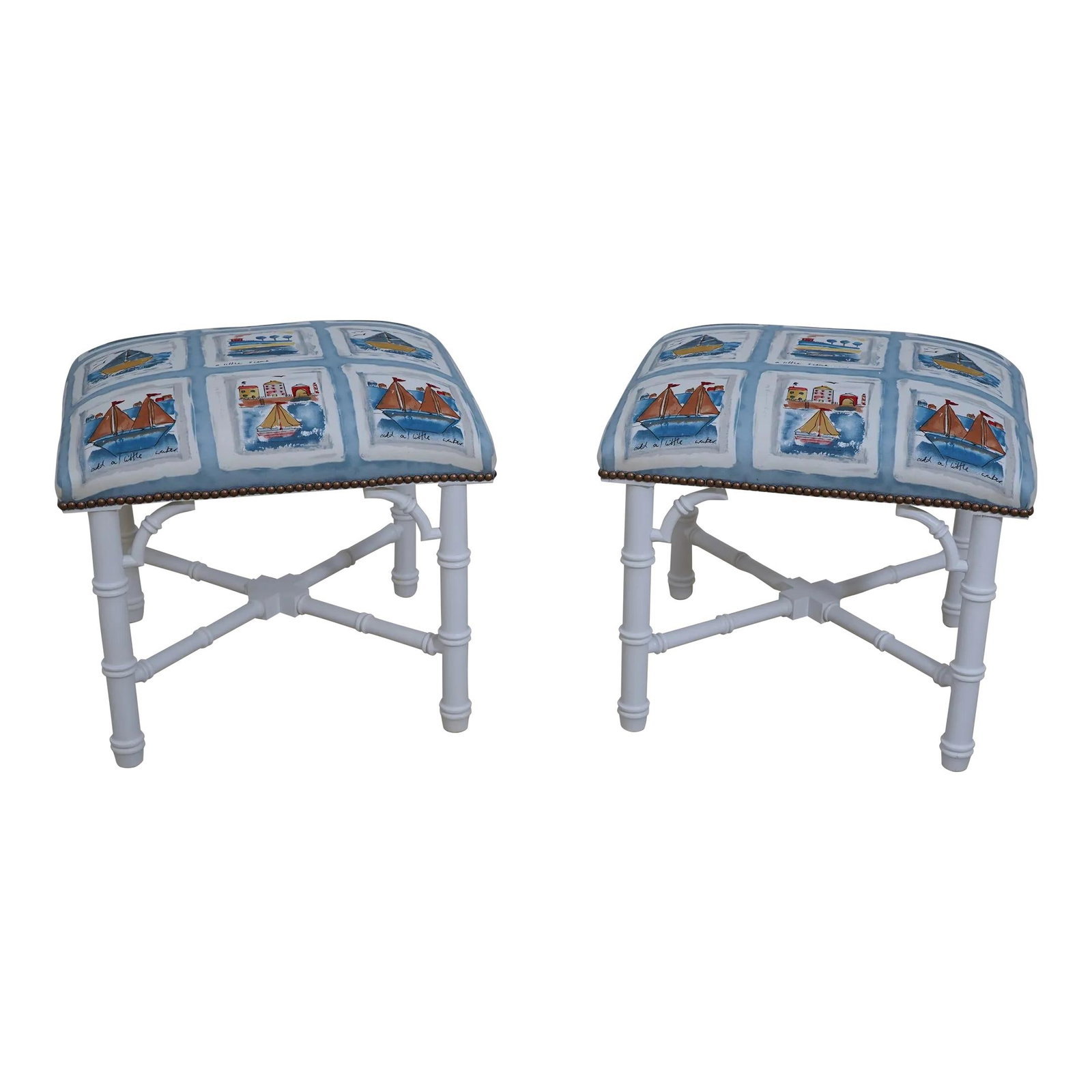 Nautical Style Upholstered Bamboo Stools Pair White Finish (1 of 10)