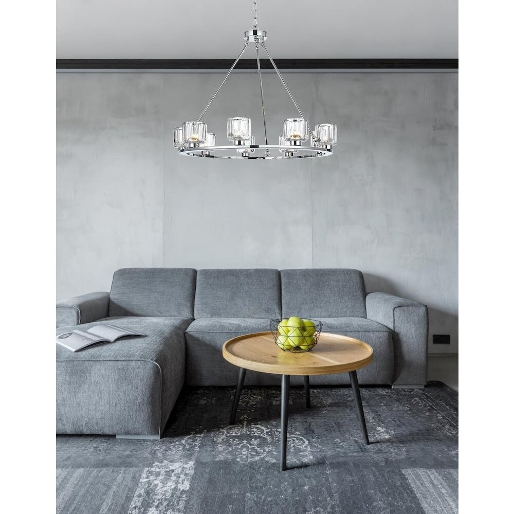 Cadence 9-Light Chrome Glass Chandelier 32 Inch: Cadence 9-Light Chrome Glass Chandelier 32 Inch This pre-owned chandelier features a striking chrome-plated metal frame with nine lights and elegant round glass shades. Designed for versatility, it in