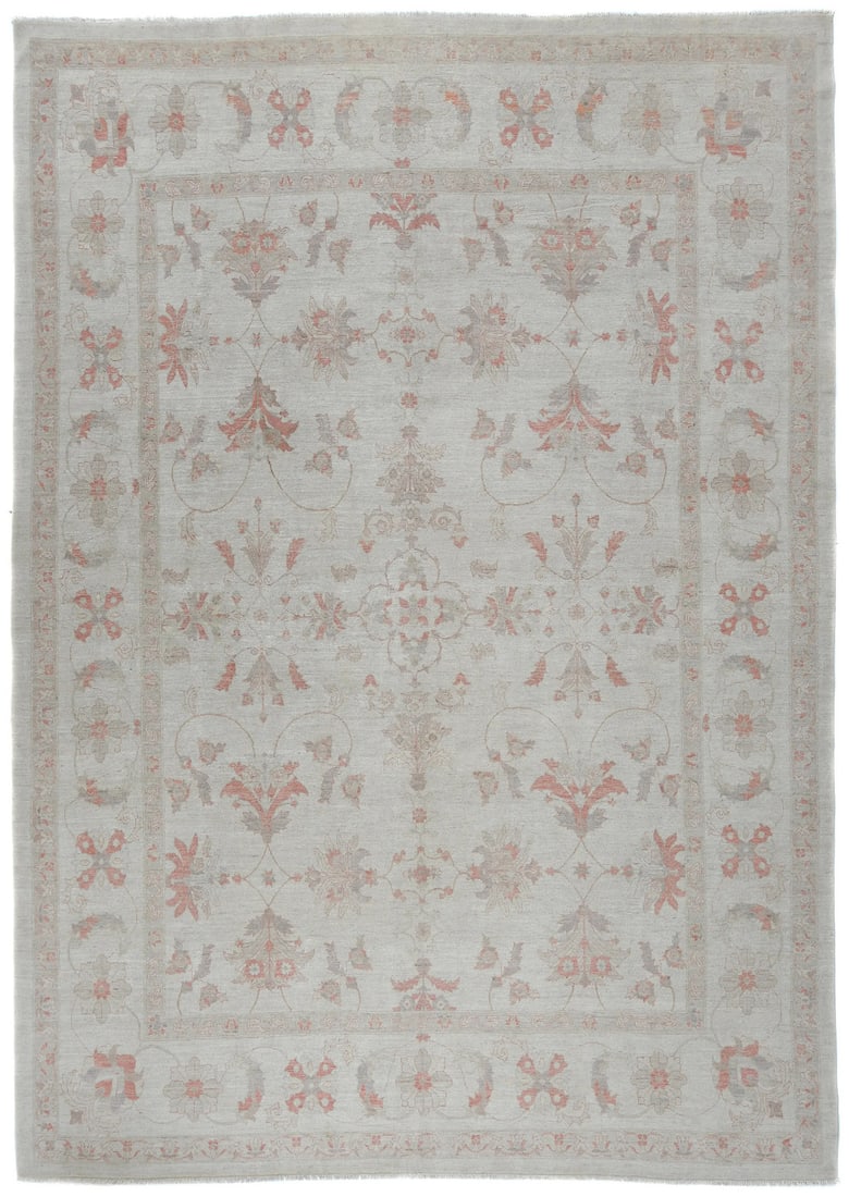 Hand-Knotted Oversized Floral Oushak Rug 12'4 x 15'11 ft Modern Design: Hand-Knotted Oversized Floral Oushak Rug 12'4 x 15'11 ft Modern Design Enhance your living space with this stunning oversized muted floral Oushak Peshawar oriental rug, perfect for both living and din