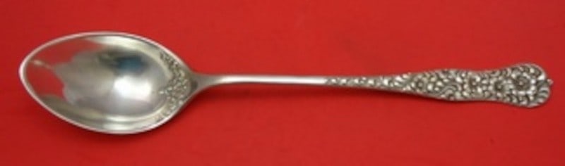 Dominick Haff Rococo Sterling 14 Stuffing Spoon Button: Dominick Haff Rococo Sterling 14 Stuffing Spoon Button This is a sterling silver stuffing spoon in the Rococo pattern by Dominick & Haff, dating from 1850-1899. The spoon measures 14 inches in length