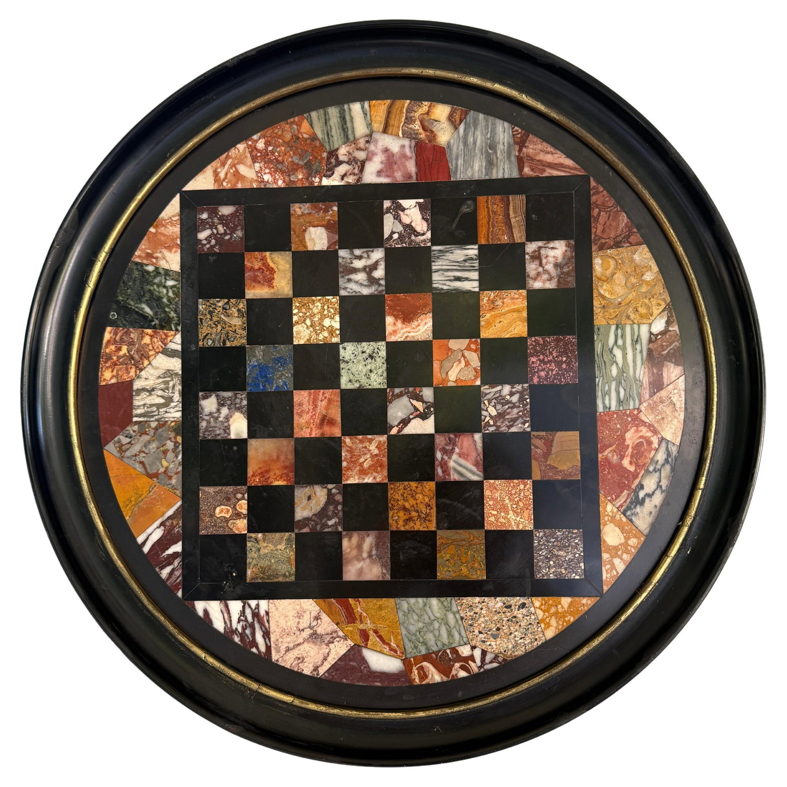 19th Century Italian Grand Tour Marble Chessboard Plaque: 19th Century Italian Grand Tour Marble Chessboard Plaque This exquisite circular chessboard plaque showcases the artistry of 19th-century Italian pietra dura craftsmanship. Measuring 16 inches in diam
