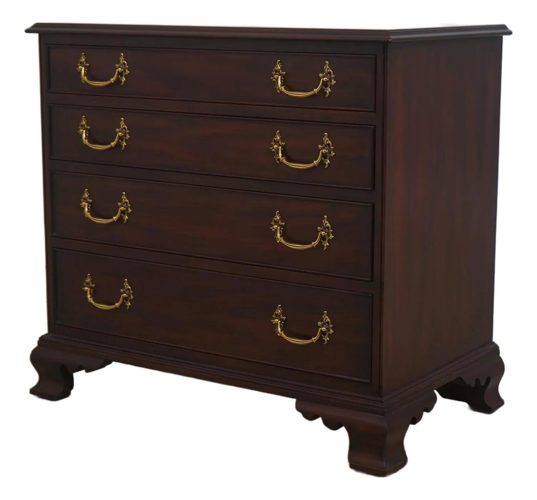 Mahogany Chippendale Bachelor Chest by Henkel Harris: Mahogany Chippendale Bachelor Chest by Henkel Harris This Henkel Harris bachelor's chest features a classic Chippendale style, crafted in mahogany with a rich brown finish (finish no. 29). The chest i