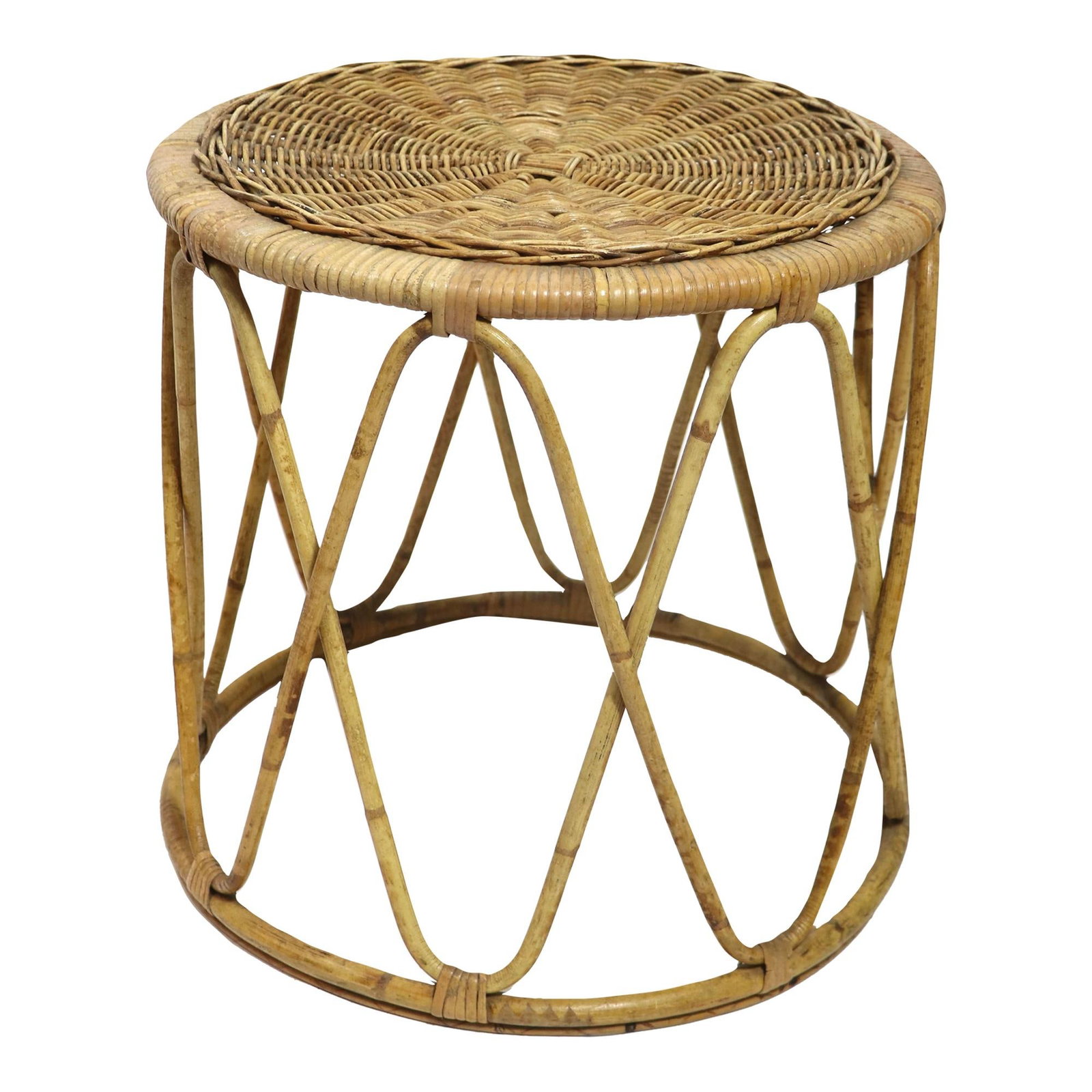 Mid Century Bamboo Wicker Drum Table Yellow 18 x 20 in (1 of 10)